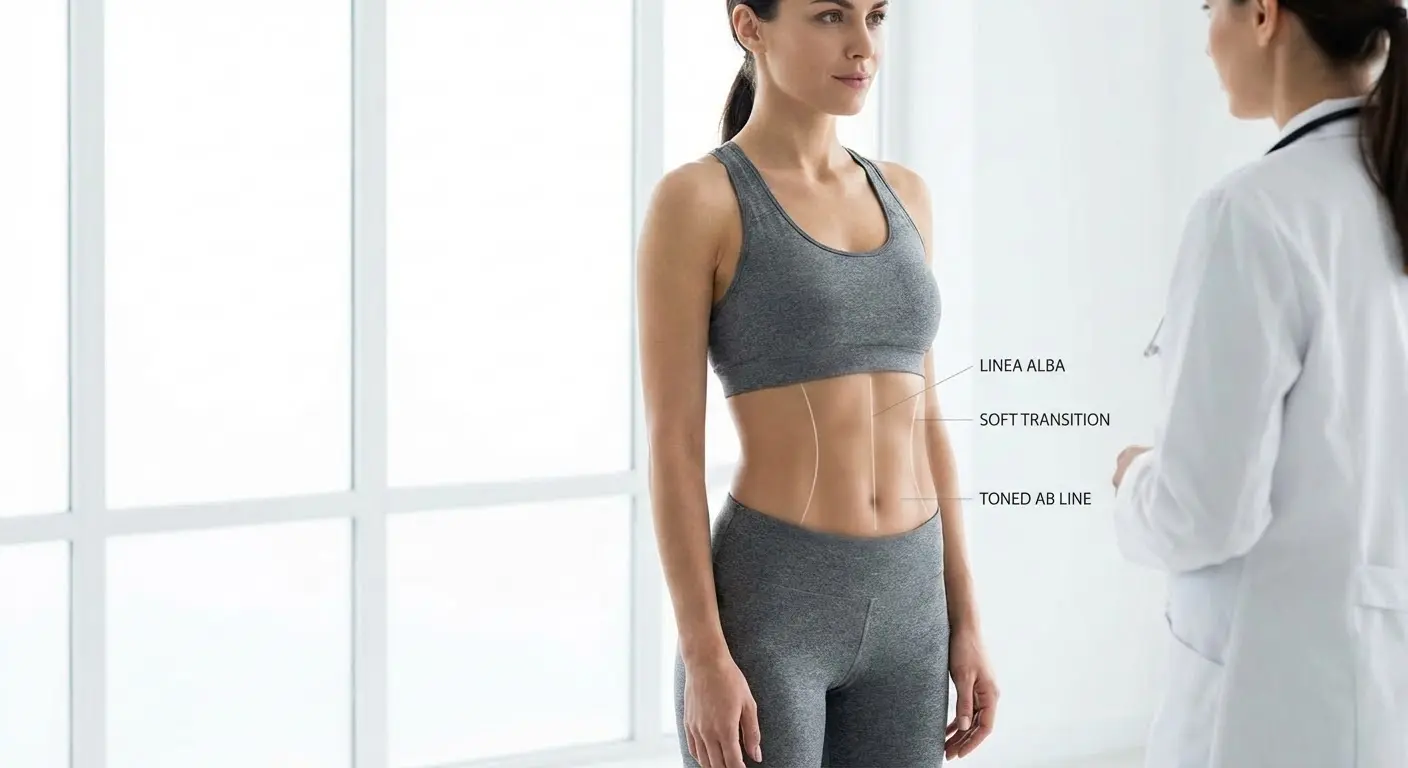 Photo of a woman in a clinical consult setting with overlay labels highlighting the linea alba, soft transition zones, and a toned ab line.