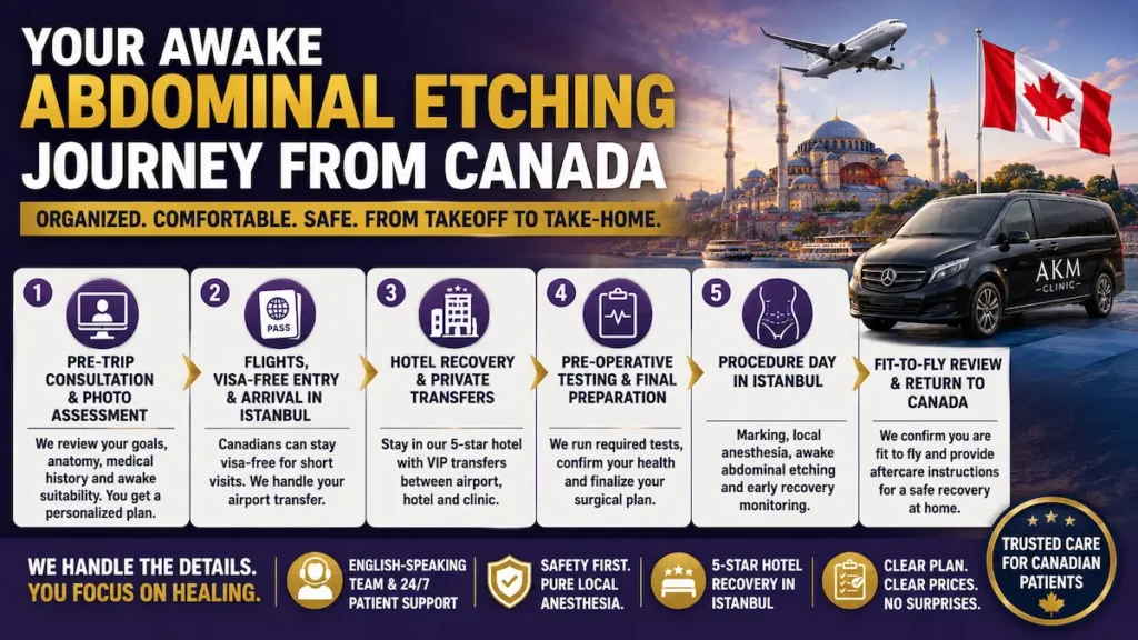Awake Abdominal Etching Journey from Canada to Turkey showing consultation, travel, Istanbul arrival, hotel recovery, and fit-to-fly planning.