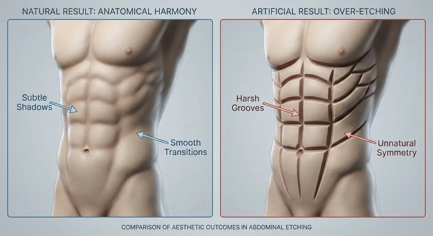 Side-by-side illustration comparing a natural abdominal etching result with subtle shadows and smooth transitions versus an over-etched result with harsh grooves and unnatural symmetry.