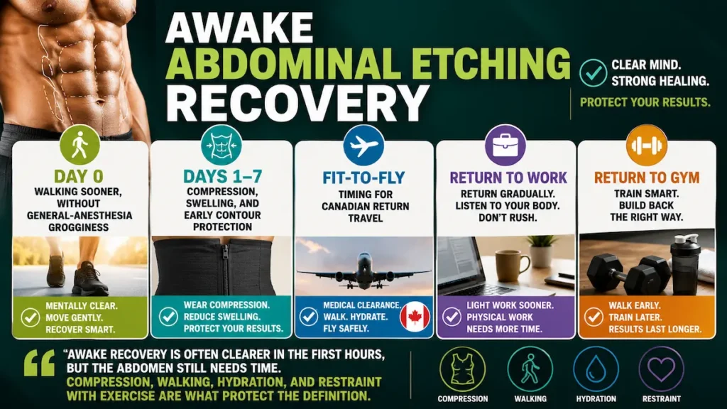 Awake Abdominal Etching Recovery infographic showing day 0 walking, compression, fit-to-fly timing, work return, and gym recovery.