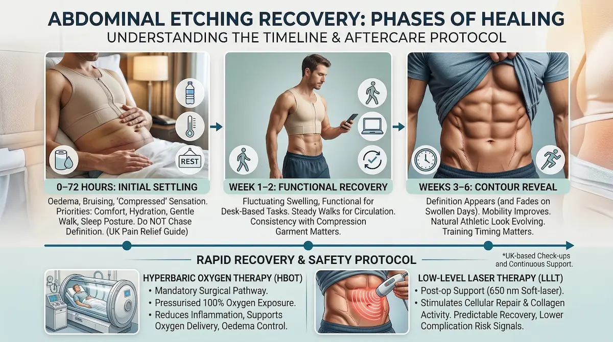 Awake abdominal etching recovery infographic showing 0–72 hours, weeks 1–2 and weeks 3–6 healing phases plus HBOT and LLLT aftercare