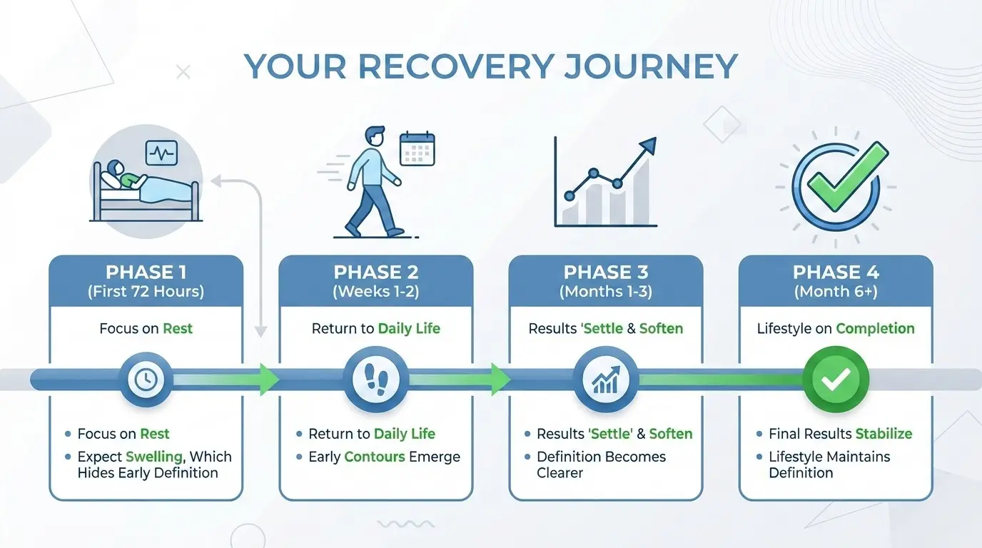 Infographic outlining the abdominal etching recovery journey in four phases: first 72 hours, weeks 1–2, months 1–3, and month 6+.