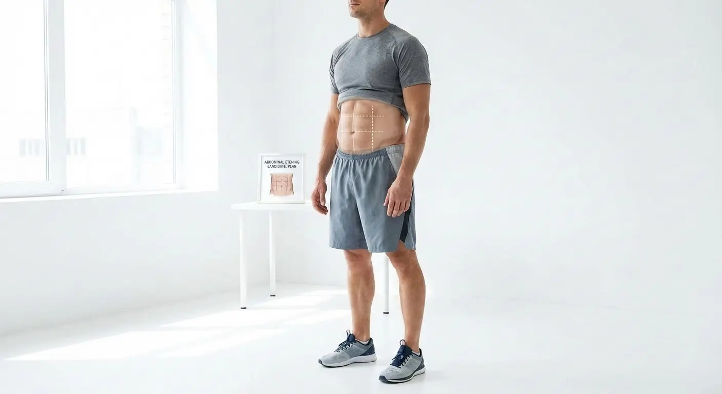 Full-body photo of a man with a transparent abdominal marking grid overlay illustrating abdominal etching planning and symmetry checks before sculpting.
