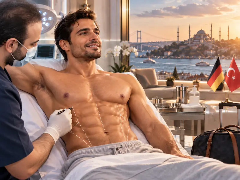 Awake Abdominal Etching in der Türkei: Patient bei der präoperativen Bauchkontur-Markierung ohne Vollnarkose in Istanbul.