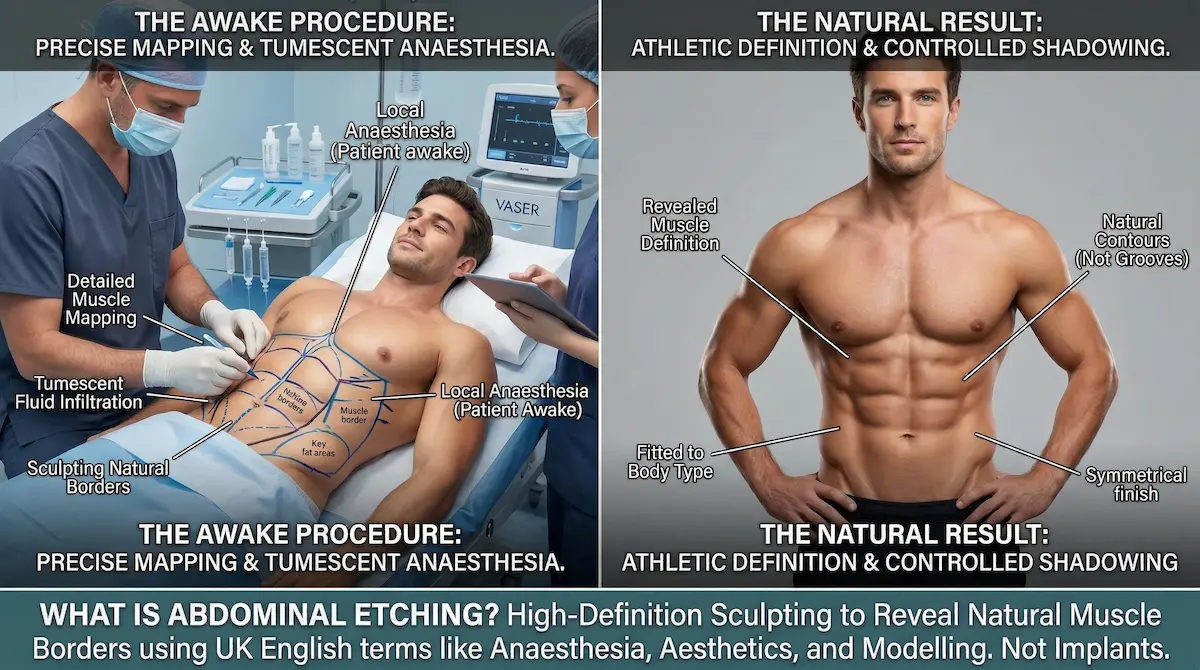 Awake abdominal etching infographic showing precise muscle mapping, tumescent local anaesthesia and natural-looking abdominal definition