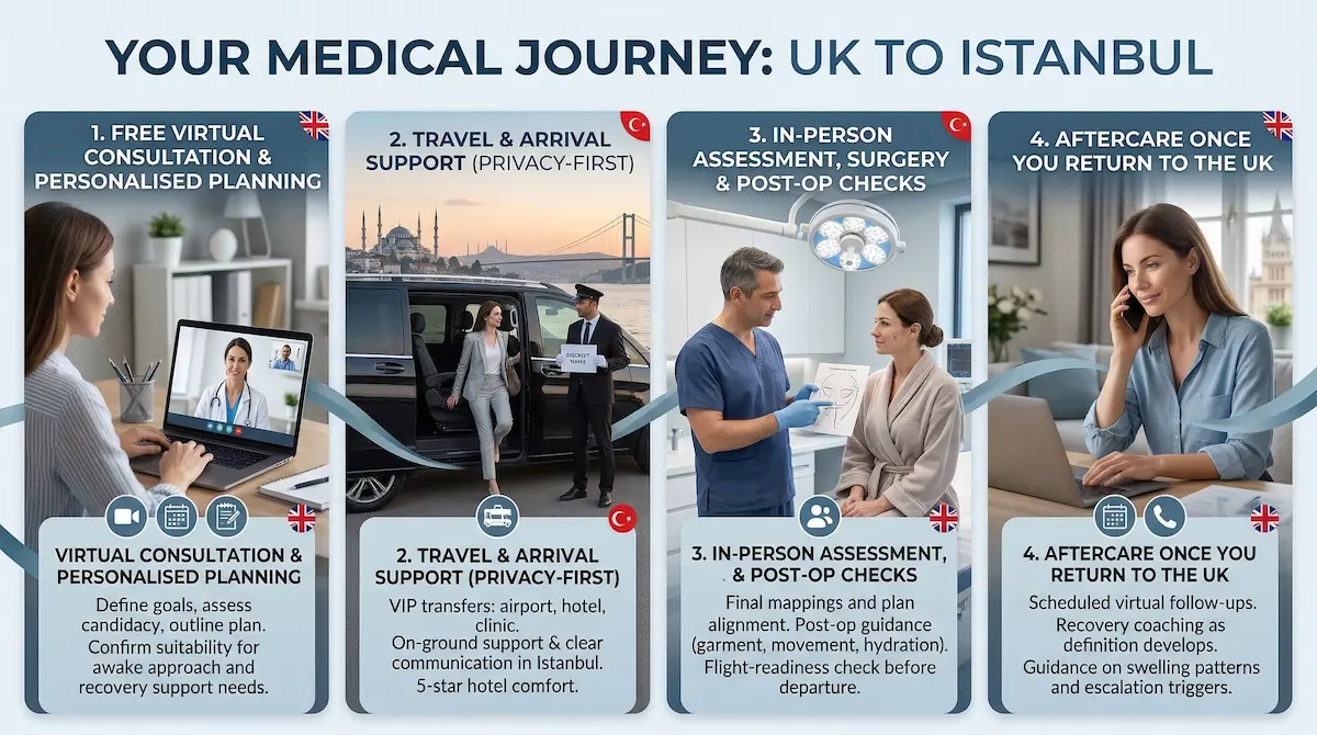 Awake abdominal etching infographic showing the UK to Istanbul medical journey: virtual consultation, VIP arrival support, in-person surgery checks, and UK aftercare follow-ups