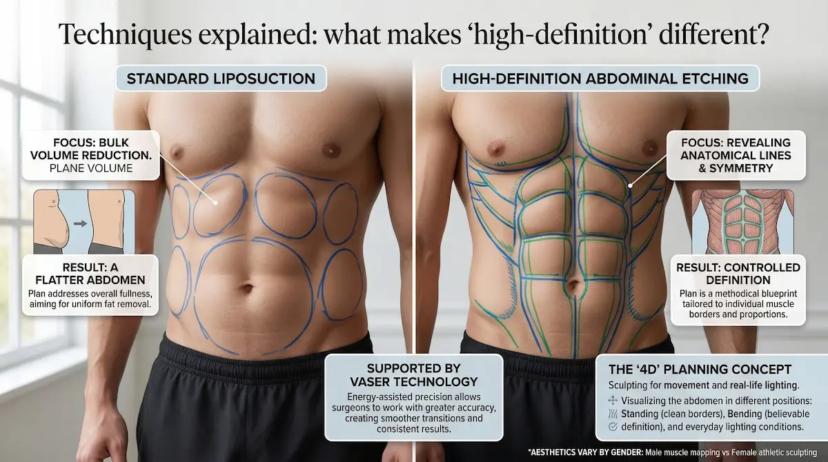 Awake abdominal etching comparison infographic showing standard liposuction vs high-definition abdominal etching planning, VASER support and controlled definition