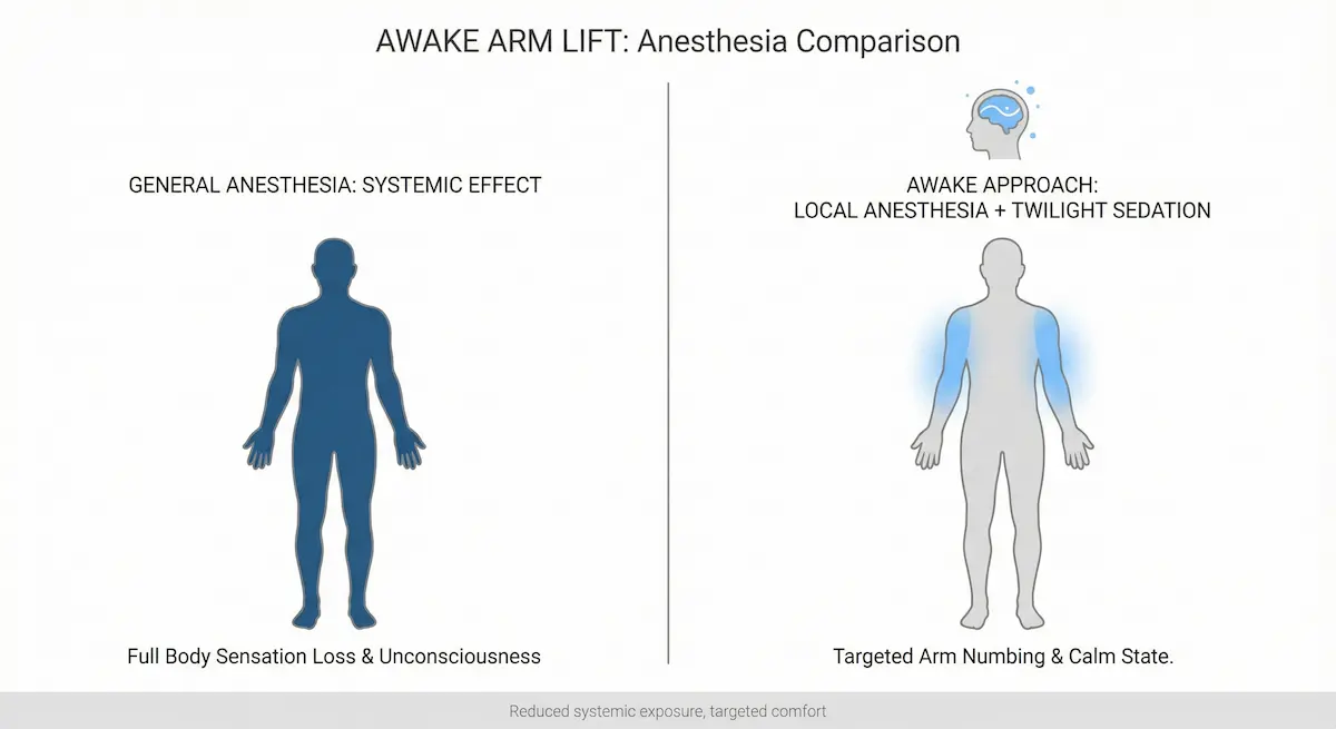 Comparison graphic showing general anesthesia with full-body unconsciousness versus awake approach using local anesthesia and twilight sedation with targeted arm numbing.