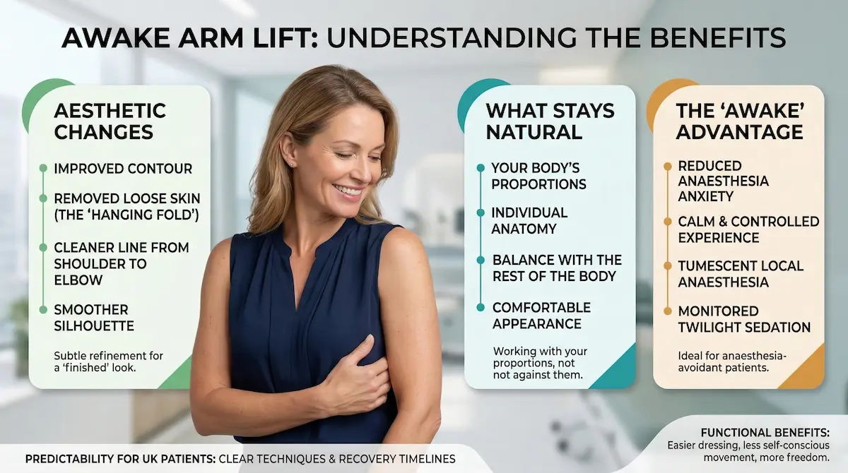 Infographic showing awake arm lift benefits for UK patients, including improved arm contour, removed loose skin, tumescent local anaesthesia and monitored twilight sedation.