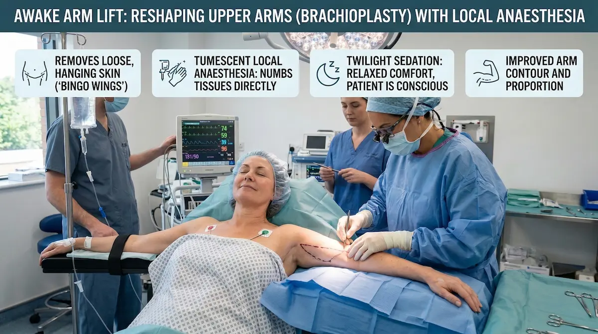 Surgeon marks patient’s upper arm for an awake arm lift (brachioplasty) using tumescent local anaesthesia and twilight sedation in theatre.