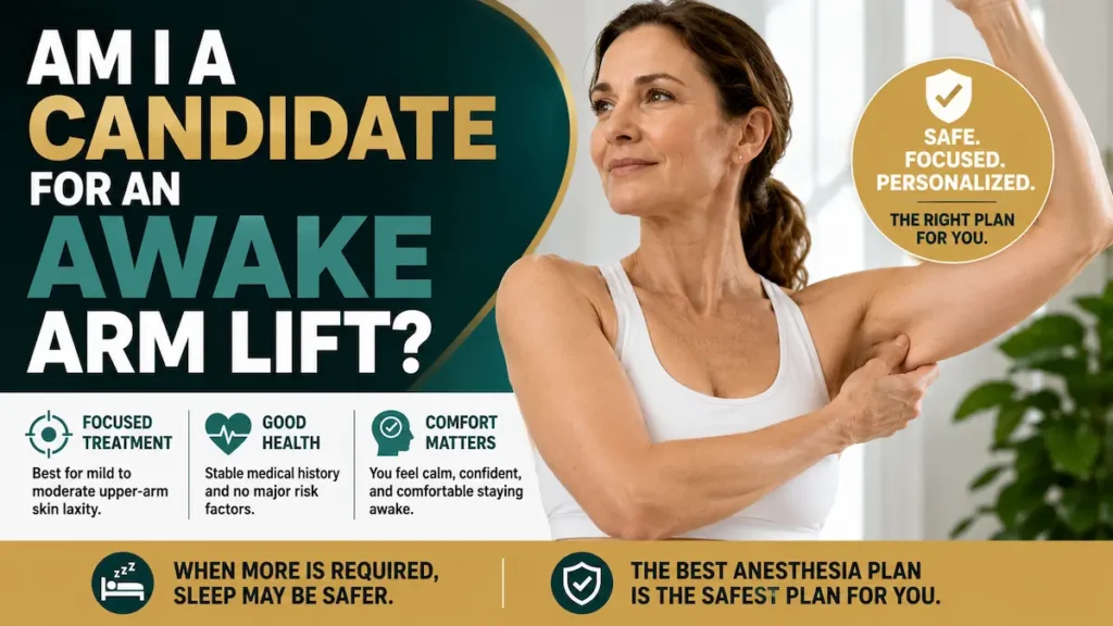 Am I a Candidate for an Awake Arm Lift infographic showing suitability factors for Canadian patients considering local anesthesia.