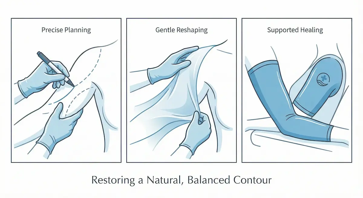 Three-panel illustration showing incision planning, gentle reshaping of upper arm tissue, and supported healing with compression after an arm lift.