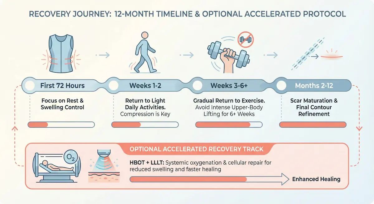 Infographic showing a 12-month awake arm lift recovery timeline and an optional accelerated recovery track using HBOT and LLLT.