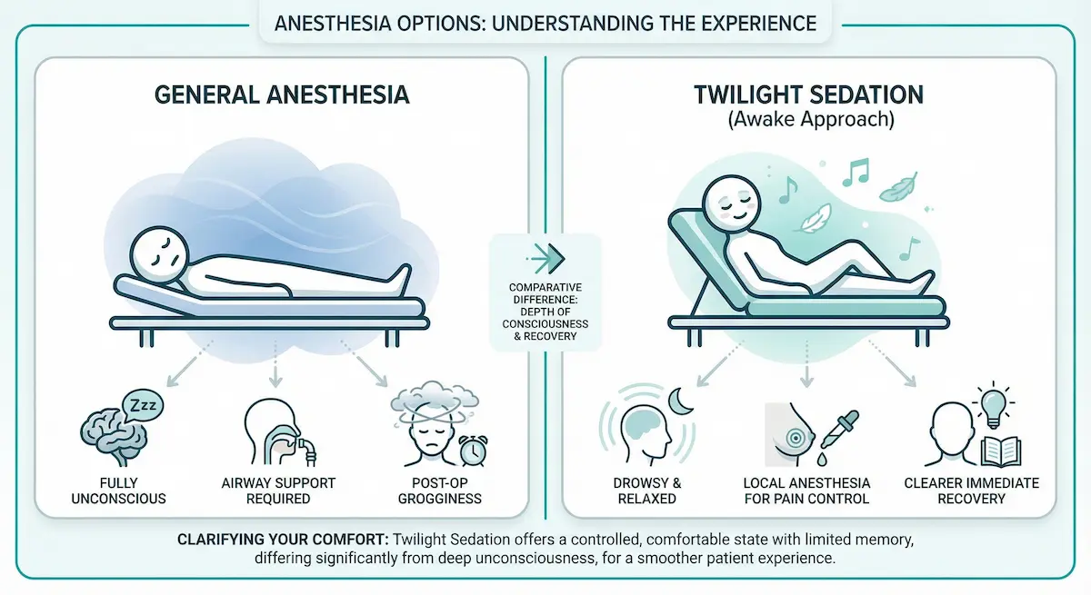 Comparison infographic showing general anesthesia (fully unconscious, airway support, post-op grogginess) versus twilight sedation for awake breast augmentation (drowsy, local anesthesia for pain control, clearer immediate recovery).
