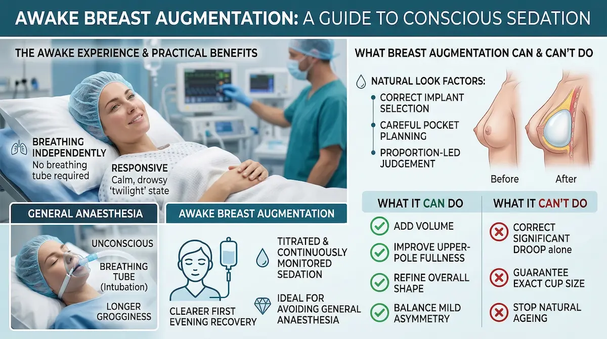 Infographic comparing awake breast augmentation under conscious sedation vs general anaesthesia, showing independent breathing and realistic outcomes.