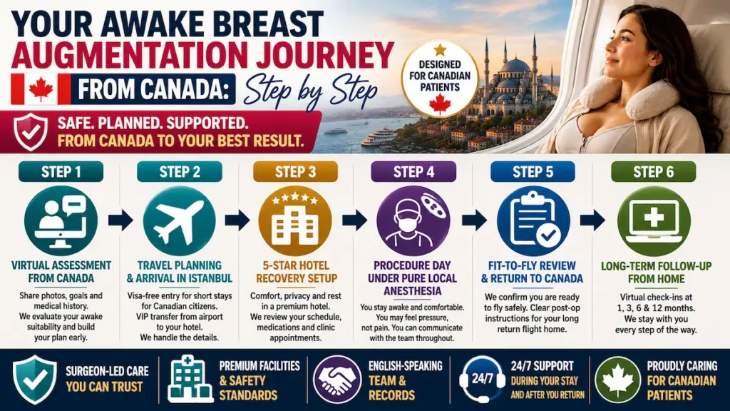 Awake Breast Augmentation journey from Canada to Turkey showing virtual assessment, Istanbul arrival, local anesthesia, fit-to-fly review, and follow-up.