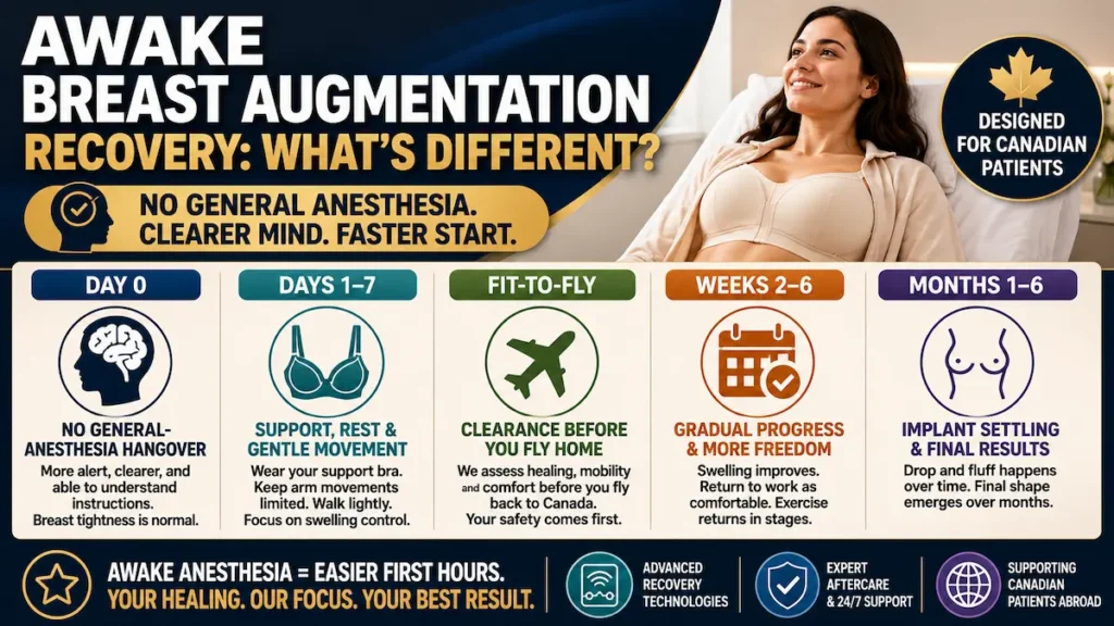 Awake Breast Augmentation recovery timeline for Canadian patients showing no general anesthesia hangover, fit-to-fly clearance, and implant settling.