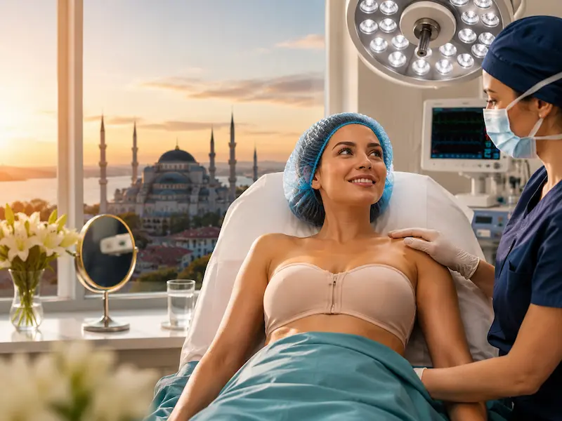 Awake Breast Augmentation Surgery patient under local anesthesia with nurse support in a modern clinic setting.