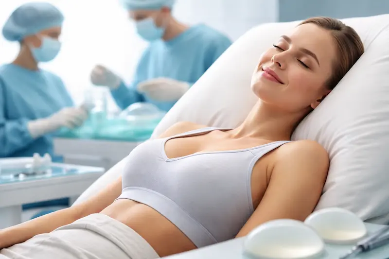 Awake breast augmentation surgery patient resting comfortably in a clinical setting with surgical team in background, illustrating twilight sedation care.