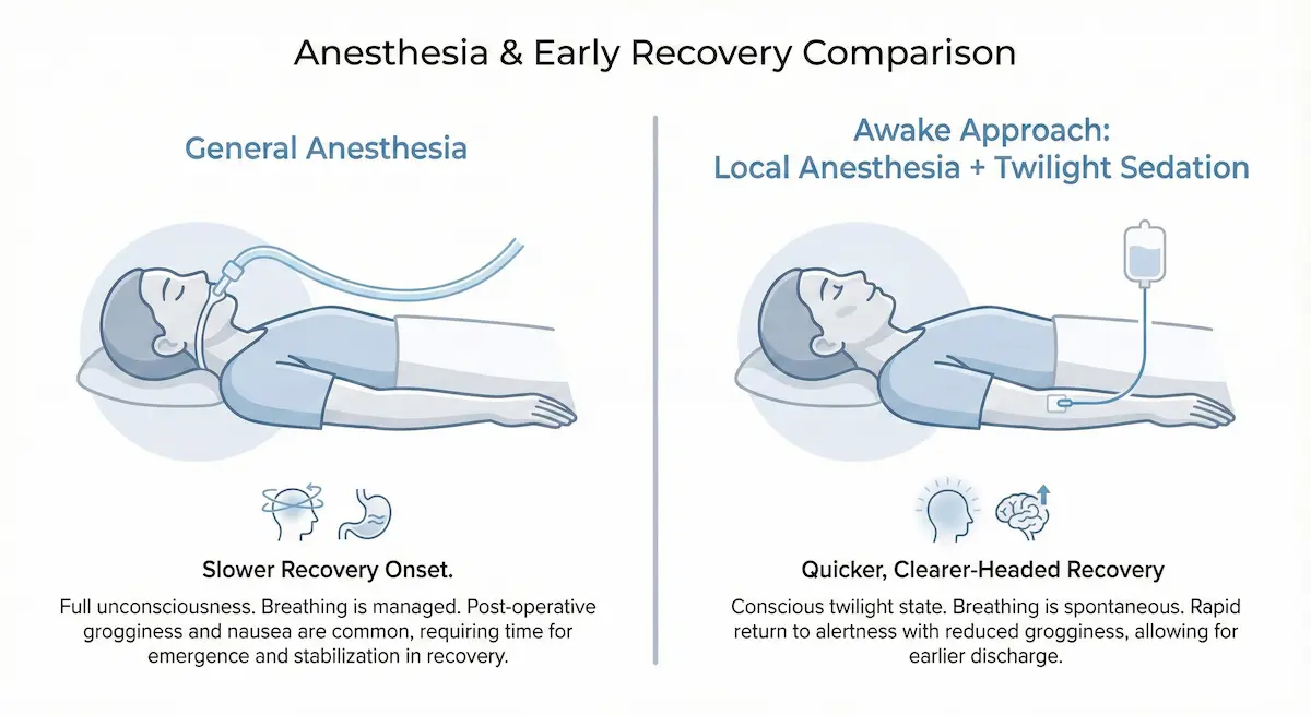 Illustration comparing general anesthesia and an awake approach (local anesthesia plus twilight sedation) for breast lift surgery.