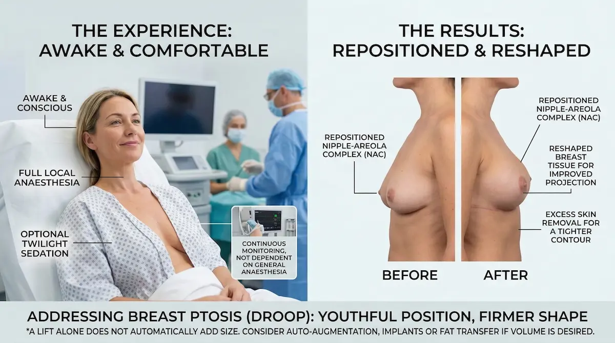 Awake breast lift infographic showing local anaesthesia, optional twilight sedation, and before/after mastopexy results.