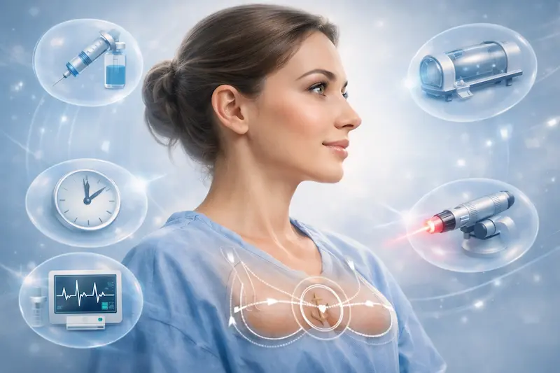 Awake breast lift visual showing local anaesthesia and twilight sedation with surgical markings and recovery technology icons (HBOT, LLLT).