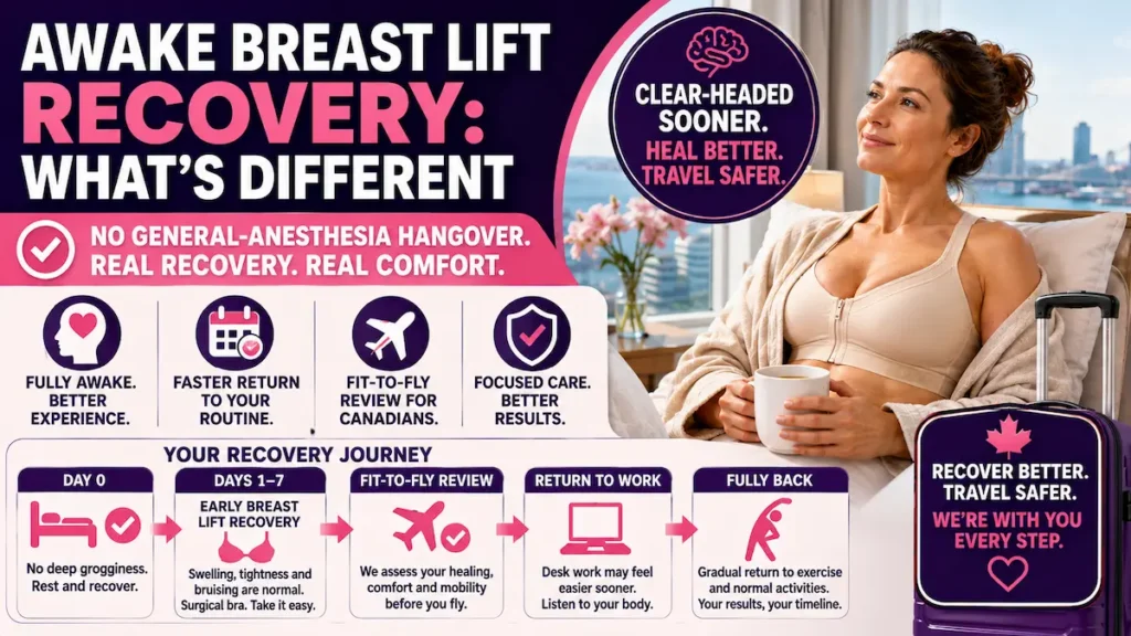 Awake breast lift recovery timeline for Canadian patients, showing no general-anesthesia hangover, fit-to-fly review and supported healing.