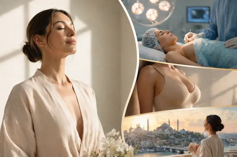 Awake breast lift surgery collage showing calm patient, breast contour after mastopexy, and in-clinic procedure under local anesthesia with twilight sedation.