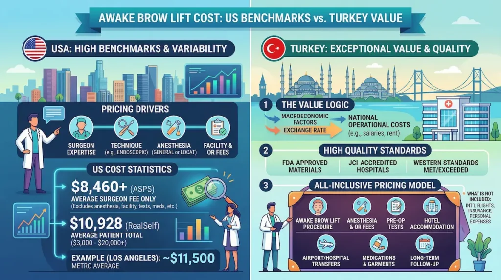 Awake brow lift cost infographic comparing US benchmarks vs Turkey value, pricing drivers, and all-inclusive package items.