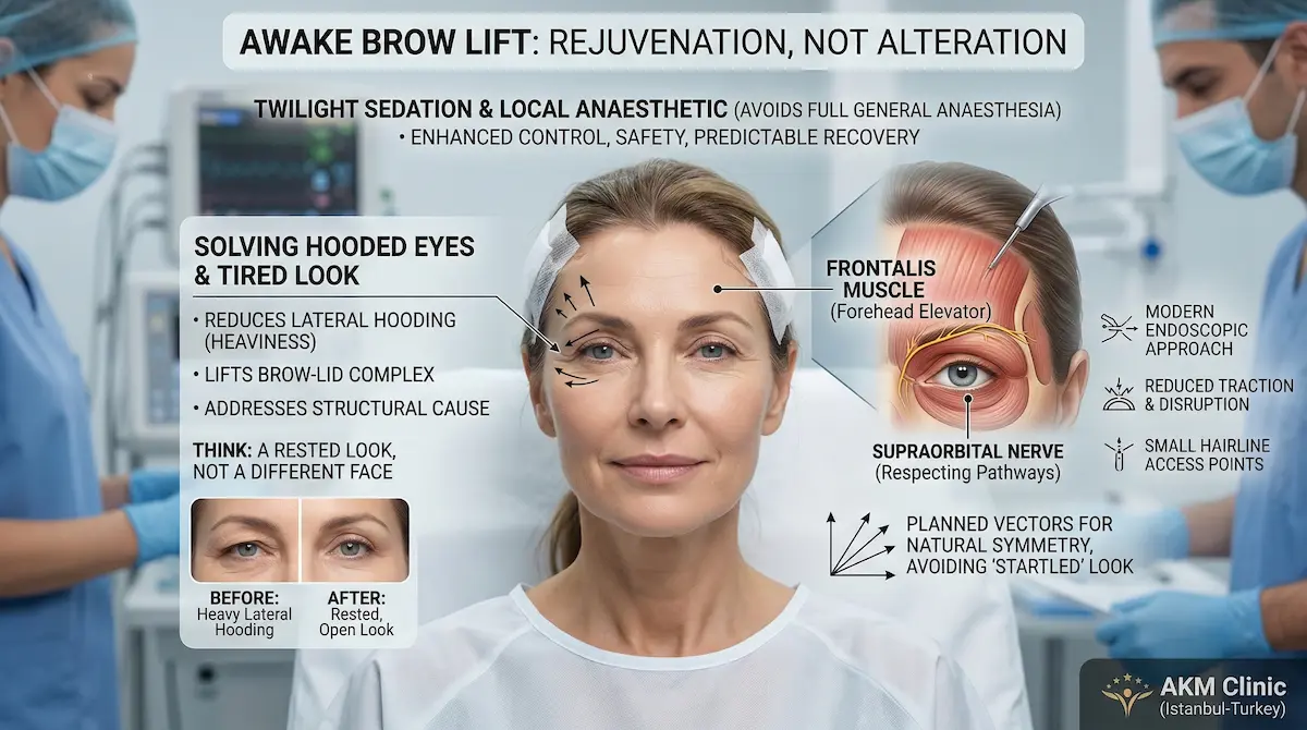 Awake brow lift infographic with endoscopic technique under local anaesthetic—brow lift for hooded eyes