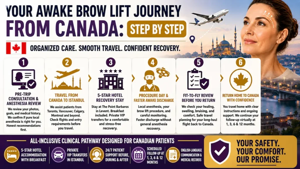 Awake brow lift journey from Canada to Istanbul infographic showing consultation, travel, 5-star hotel recovery, procedure day, fit-to-fly review, and follow-up.