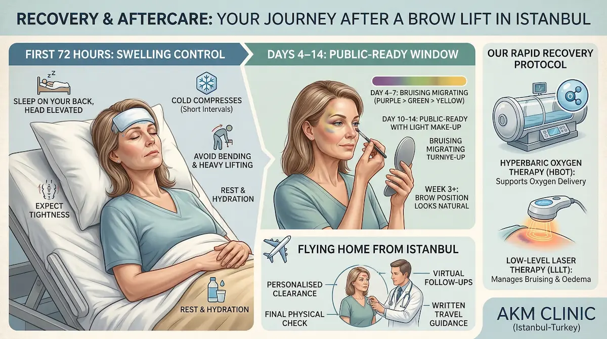 Awake brow lift recovery infographic showing first 72 hours, days 4–14, and Hyperbaric Oxygen Therapy (HBOT) support.
