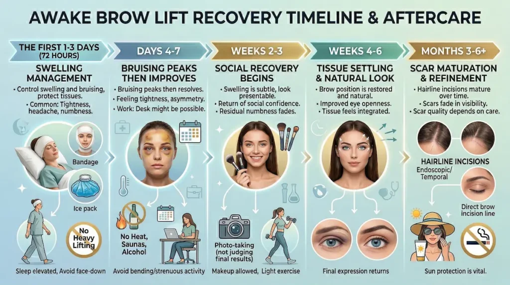 Infographic showing awake brow lift recovery timeline and aftercare, including swelling control, bruising phases, return to work, and scar protection.
