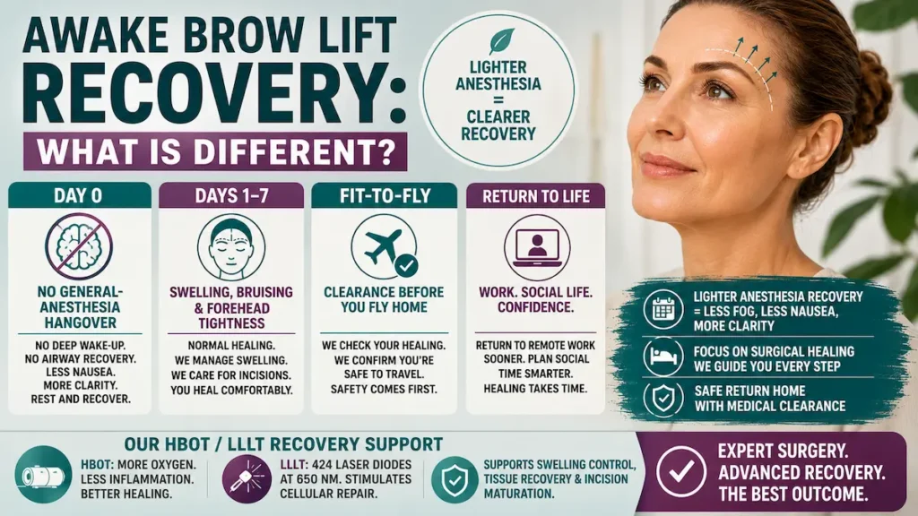 Awake brow lift recovery infographic showing no general anesthesia hangover, swelling timeline, fit-to-fly clearance, and HBOT LLLT support.
