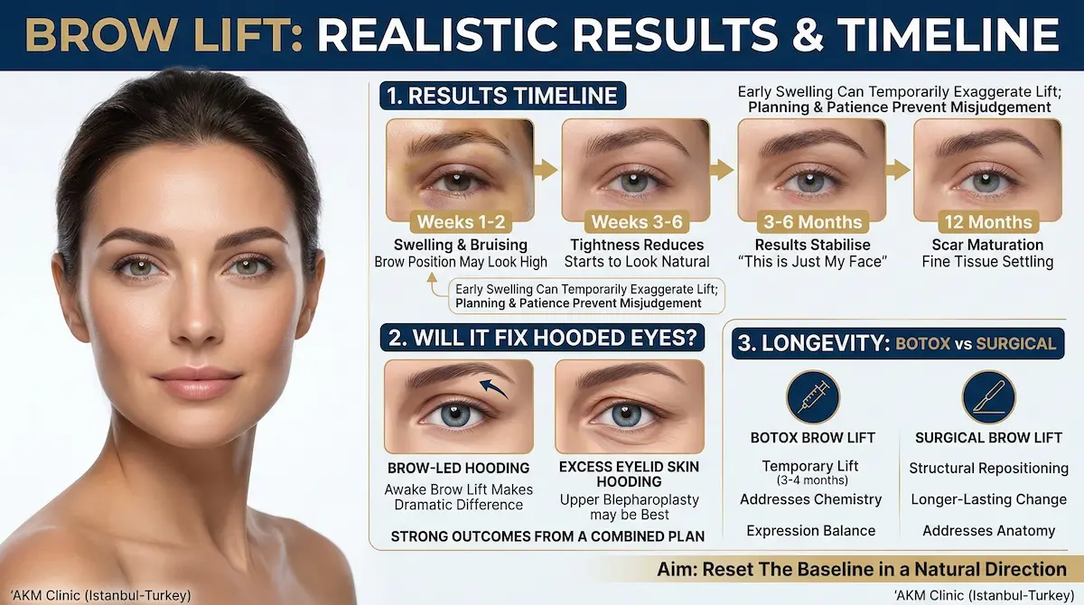 Awake brow lift results timeline graphic explaining Botox brow lift vs surgical brow lift and when swelling settles.