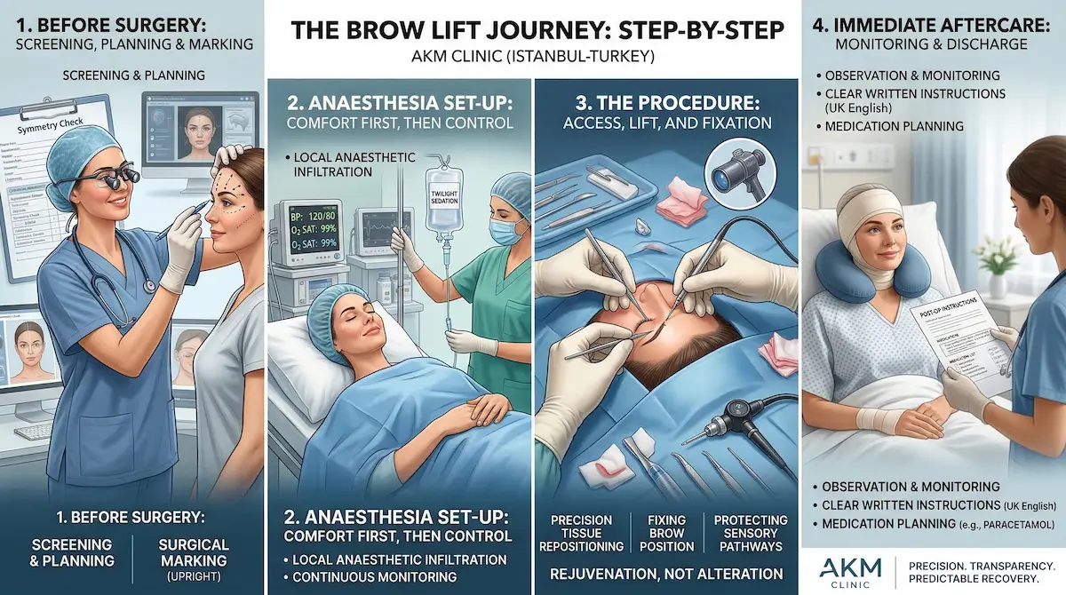 Awake brow lift step-by-step guide showing screening, local anaesthetic set-up, surgery, and maximum safe dose local anaesthetic calculation planning.