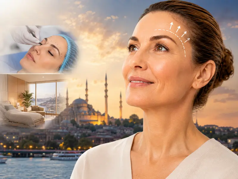 Awake Brow Lift Surgery promotional image showing a woman with brow lift markings, pure local anesthesia care, and hotel recovery in Turkey.