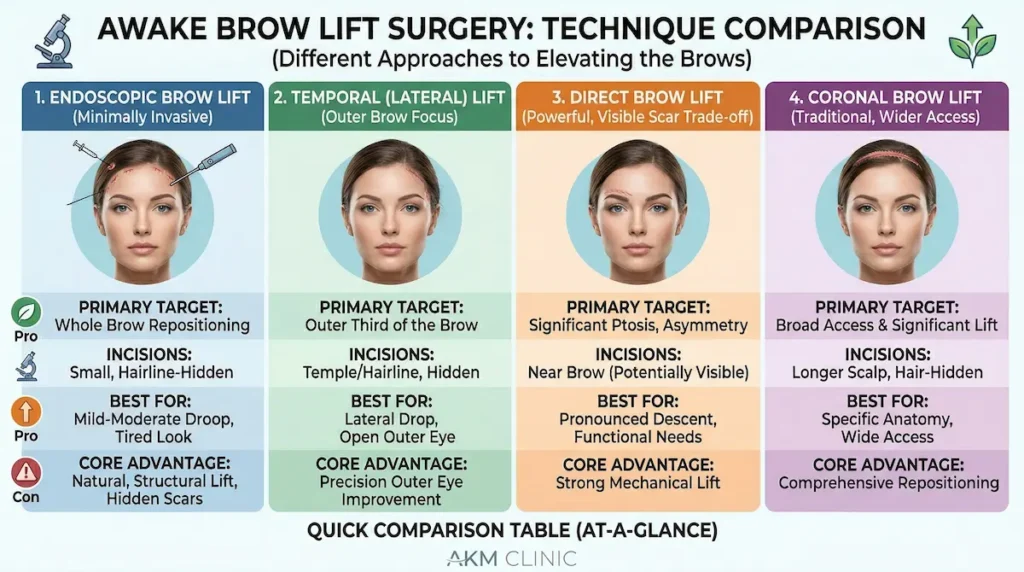 Technique comparison chart for awake brow lift surgery showing endoscopic, temporal (lateral), direct, and coronal brow lift options and incision locations.