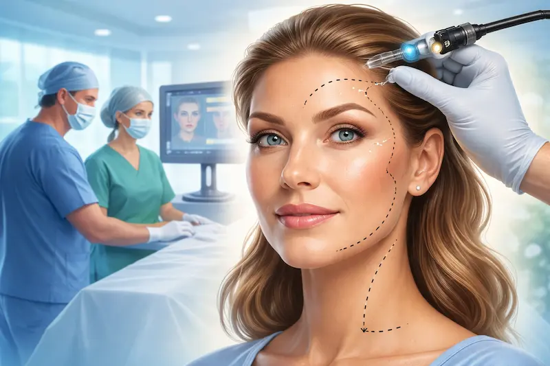 Medical illustration of awake brow lift surgery with local anesthesia and twilight sedation, showing endoscopic brow lifting and facial rejuvenation mapping.