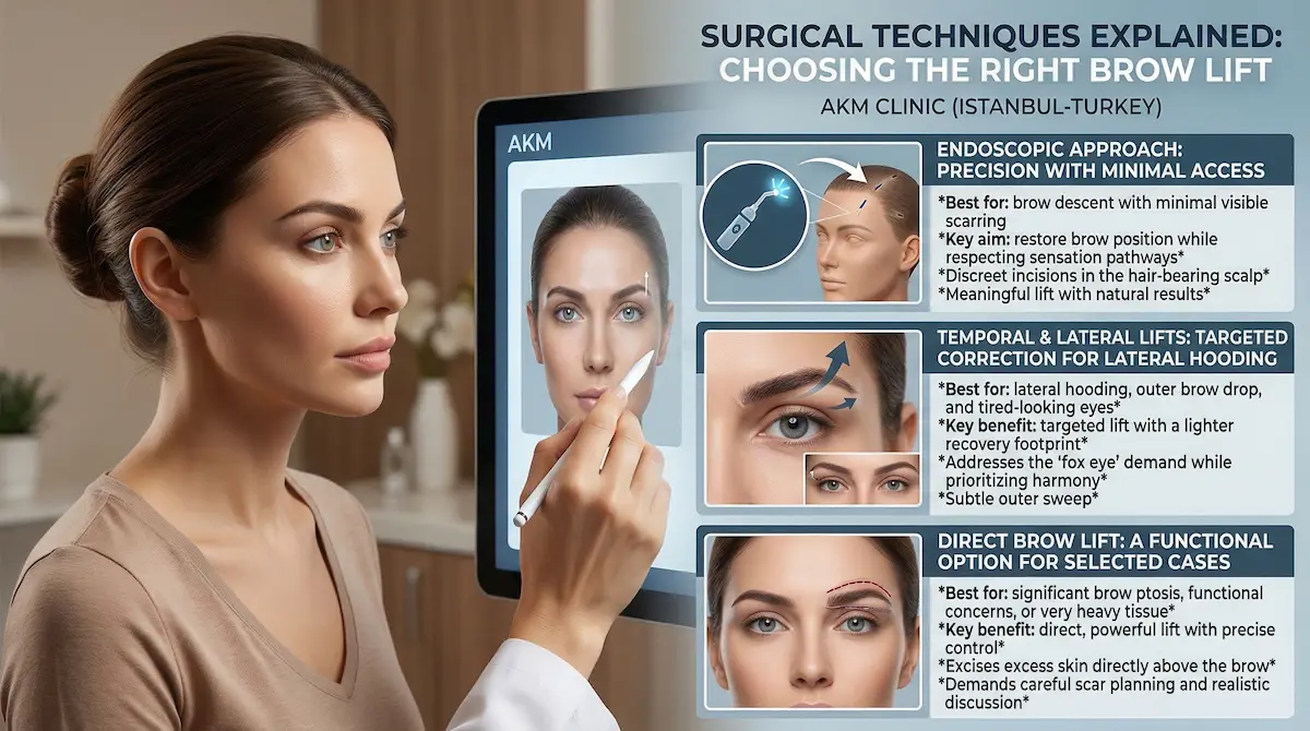 Awake brow lift techniques infographic showing twilight sedation vs general anesthesia and endoscopic, temporal, and direct approaches.
