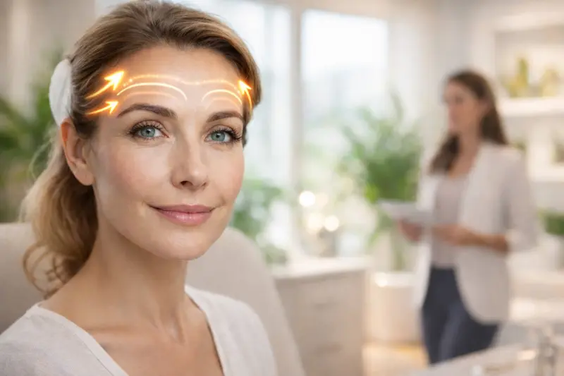 Awake brow lift concept image with neon vectors highlighting the brow and forehead lift area in a calm consultation setting.