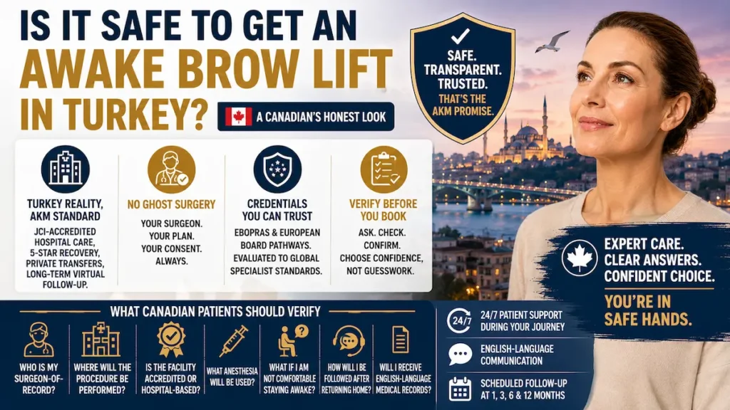 Awake brow lift in Turkey safety infographic for Canadian patients showing JCI-accredited care, no ghost surgery, verified credentials, and follow-up support.