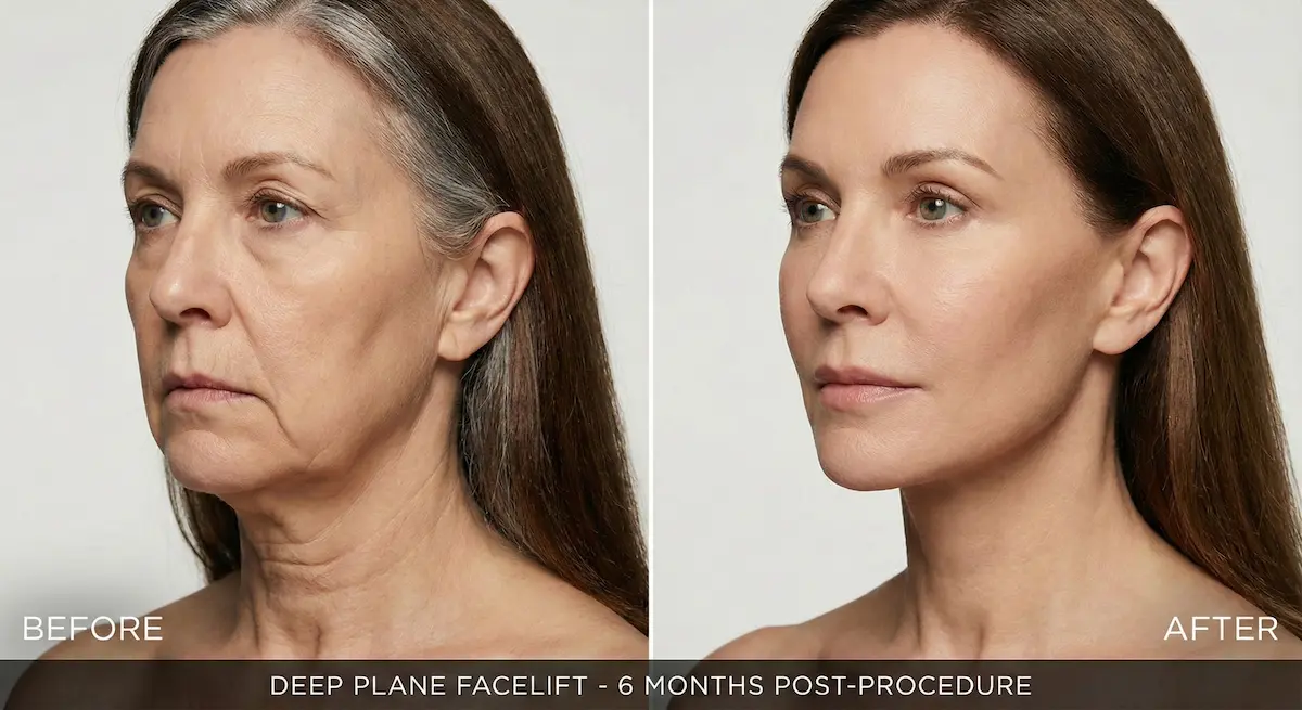 Before-and-after photo labeled 6 months post-procedure showing improved jawline and lower-face contour consistent with Awake Deep Plane Facelift results.