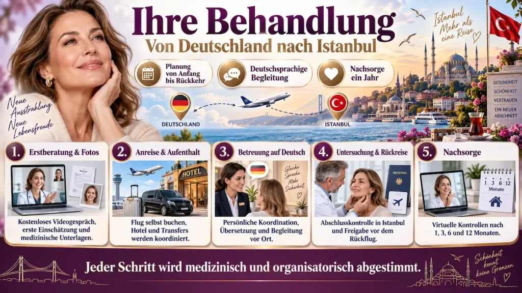 Deep Plane Facelift ohne Vollnarkose: Infografik zum Behandlungsablauf von Deutschland nach Istanbul mit Beratung und Nachsorge.