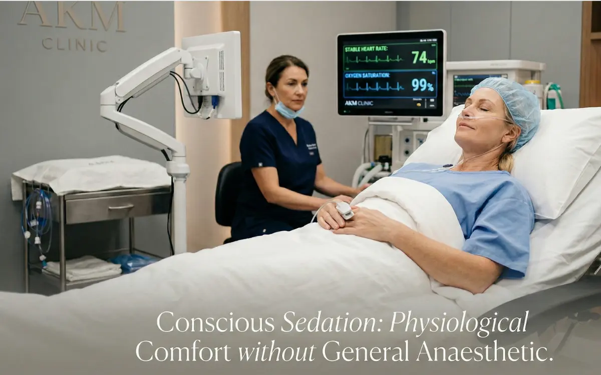 Patient resting comfortably under local anaesthesia with monitoring during conscious sedation in a modern clinic setting.