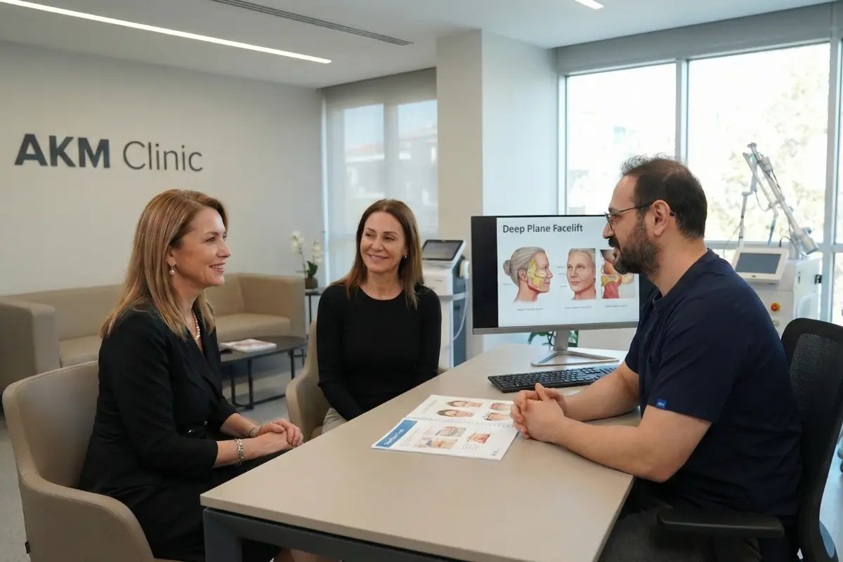 Patient consultation at AKM Clinic with a clinician reviewing deep plane facelift visuals on a monitor while discussing an Awake Deep Plane Facelift plan.