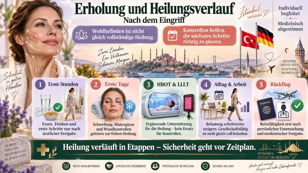 Deep Plane Facelift ohne Vollnarkose: Infografik zu Heilungsphasen, Nachsorge und ärztlicher Reisefreigabe.