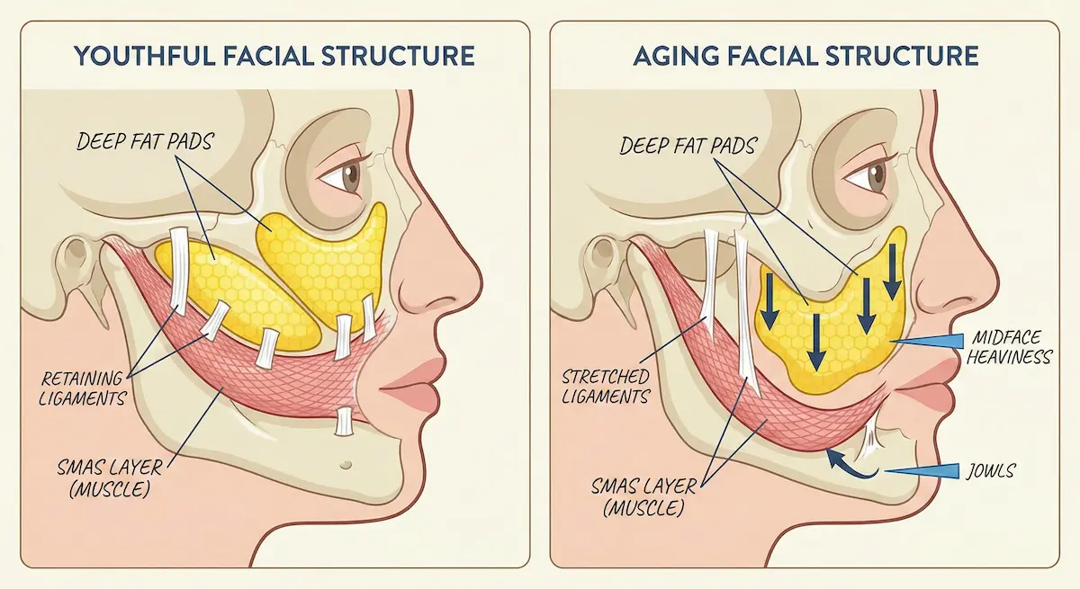 Side-by-side facial diagram labeled retaining ligaments, SMAS layer, and deep fat pads, showing downward shift with aging that contributes to midface heaviness and jowls, relevant to Awake Deep Plane Facelift.