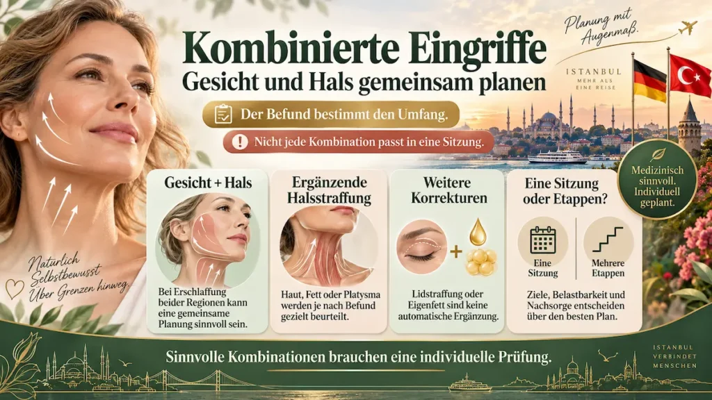 Awake Deep Plane Facelift ohne Vollnarkose: Infografik zur Planung kombinierter Eingriffe an Gesicht und Hals.