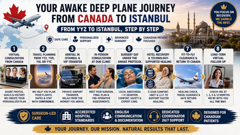 Awake deep plane facelift journey from Canada to Istanbul showing consultation, travel planning, surgery, hotel recovery, and follow-up.